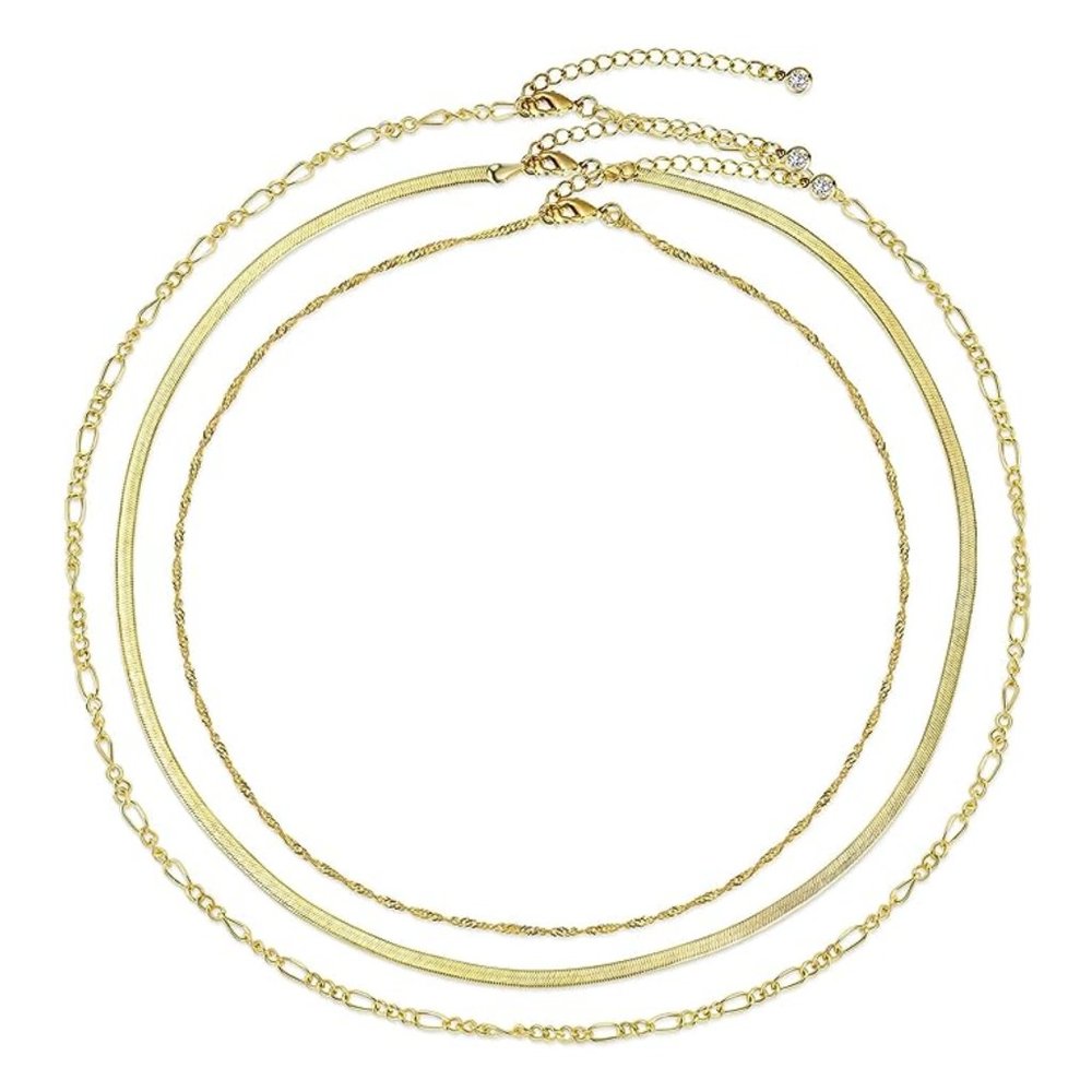 14k Gold Herringbone Necklace Set Layered Chain Choker Delicate Dainty Jewelry - Picture 2 of 7